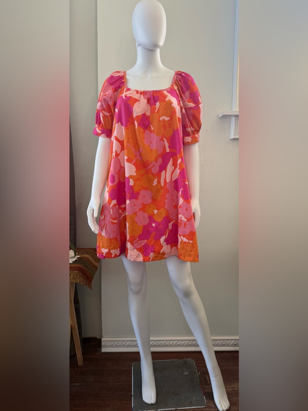 Free Assembly Vibrant Pink & Orange Cotton Puff-Sleeve Mini Dress